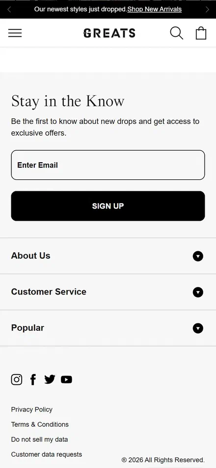 Greats homepage on mobile, Shopify luxury footwear storefront captured at 390 x 844