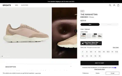 Greats product page on desktop, Shopify luxury footwear storefront captured at 1440 x 900
