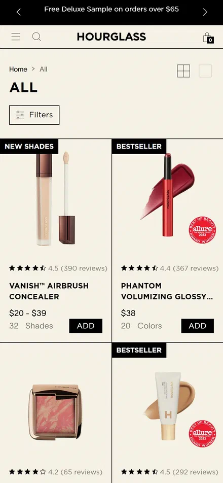 Hourglass collection: all on mobile, Shopify luxury beauty storefront captured at 390 x 844