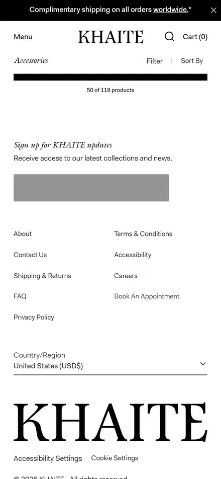 Khaite collection: accessories on mobile, not disclosed luxury fashion storefront captured at 390 x 844