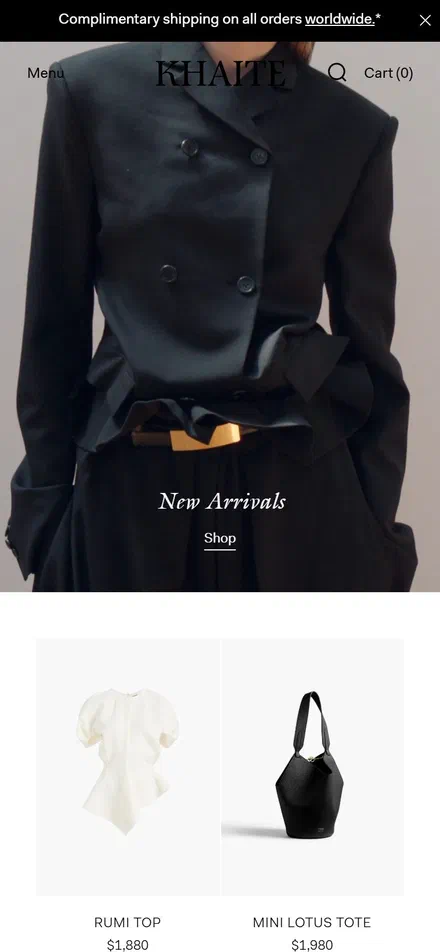 Khaite homepage on mobile, not disclosed luxury fashion storefront captured at 390 x 844