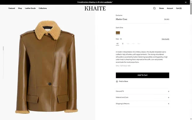 Khaite product page on desktop, not disclosed luxury fashion storefront captured at 1440 x 900