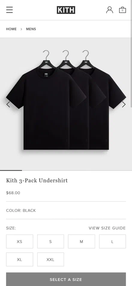 Kith product page on mobile, not disclosed luxury fashion storefront captured at 390 x 844