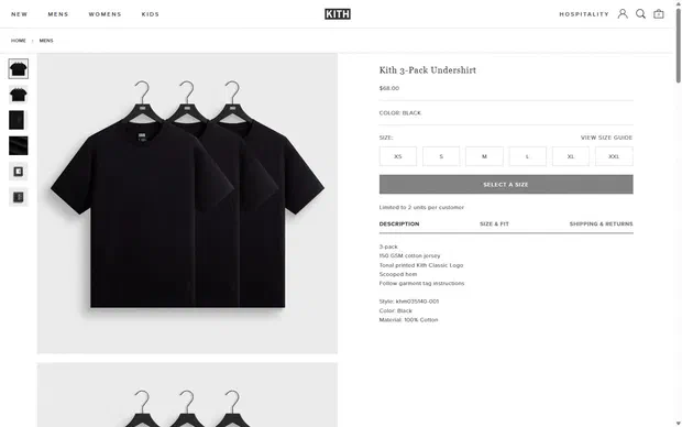 Kith product page on desktop, not disclosed luxury fashion storefront captured at 1440 x 900