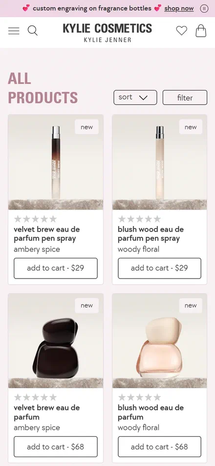 Kylie Cosmetics collection: all products on mobile, Shopify luxury beauty storefront captured at 390 x 844