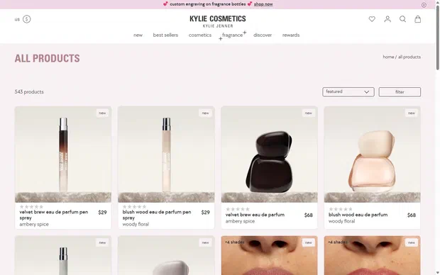 Kylie Cosmetics collection: all products on desktop, Shopify luxury beauty storefront captured at 1440 x 900