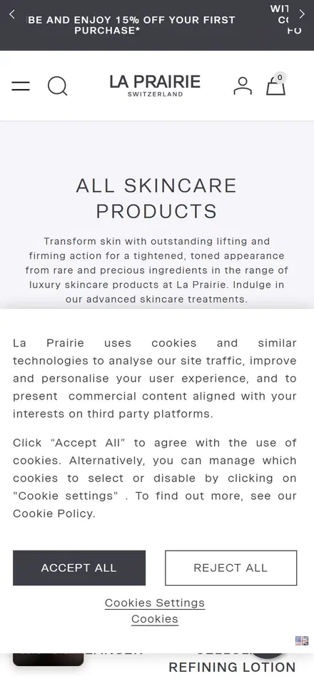 La Prairie collection: all skincare  products on mobile, Shopify luxury beauty storefront captured at 390 x 844