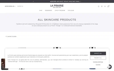 La Prairie collection: all skincare  products on desktop, Shopify luxury beauty storefront captured at 1440 x 900
