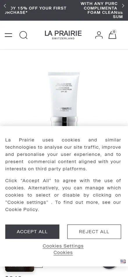 La Prairie product page on mobile, Shopify luxury beauty storefront captured at 390 x 844