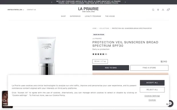 La Prairie product page on desktop, Shopify luxury beauty storefront captured at 1440 x 900