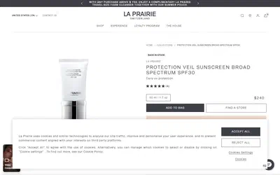La Prairie product page on desktop, Shopify luxury beauty storefront captured at 1440 x 900