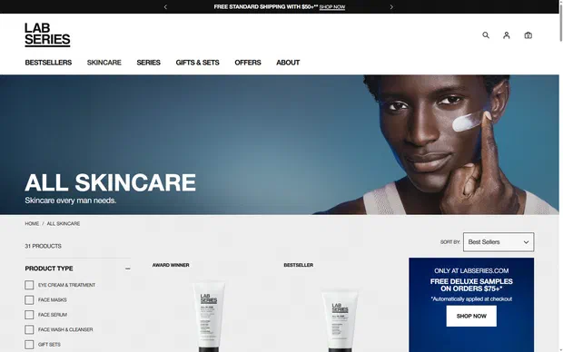 Lab Series collection: all skincare on desktop, Shopify luxury beauty storefront captured at 1440 x 900
