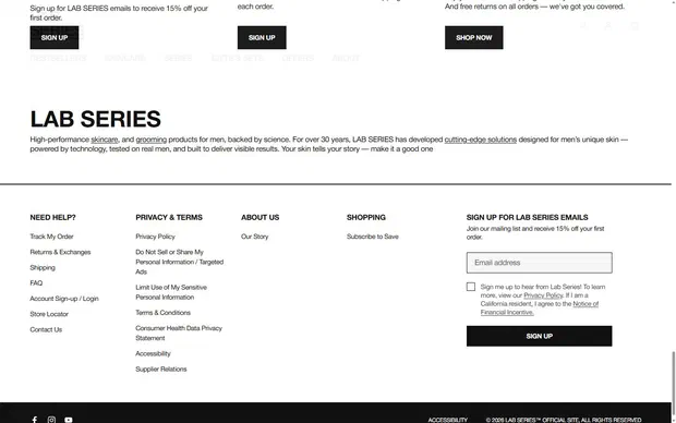 Lab Series homepage on desktop, Shopify luxury beauty storefront captured at 1440 x 900