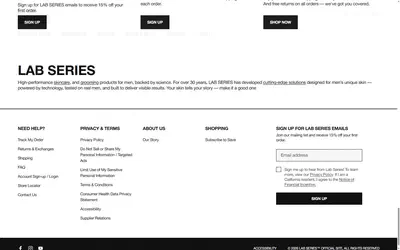 Lab Series homepage on desktop, Shopify luxury beauty storefront captured at 1440 x 900