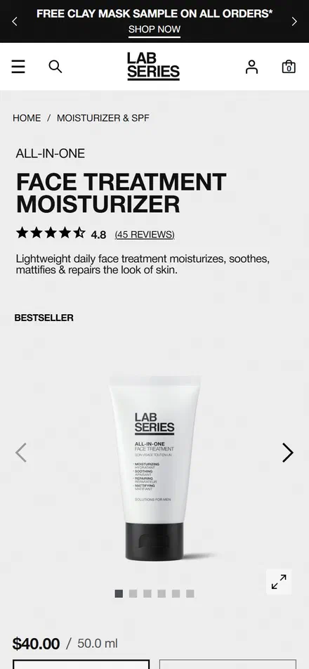 Lab Series product page on mobile, Shopify luxury beauty storefront captured at 390 x 844