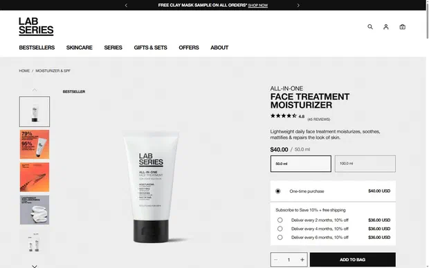 Lab Series product page on desktop, Shopify luxury beauty storefront captured at 1440 x 900