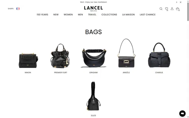 Lancel collection: all bags. on desktop, Shopify luxury leather goods storefront captured at 1440 x 900
