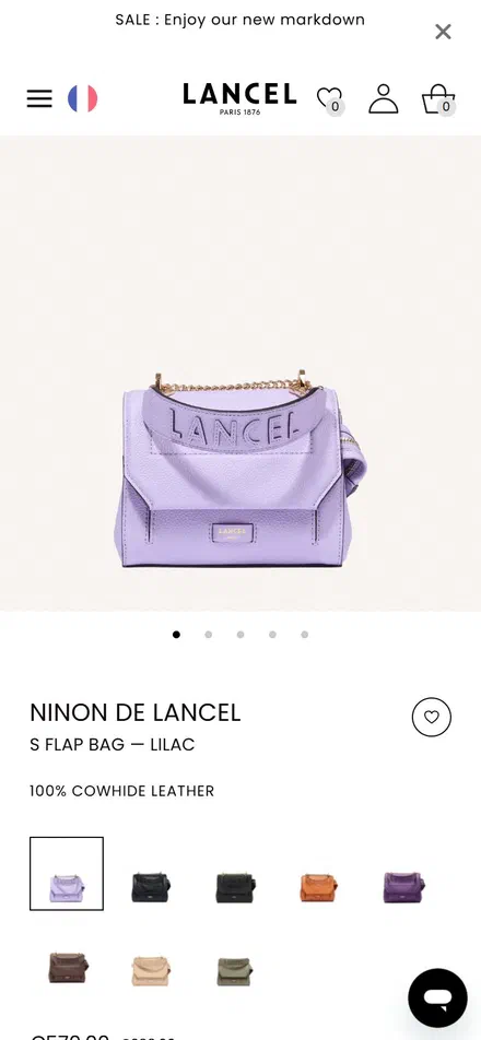 Lancel product page on mobile, Shopify luxury leather goods storefront captured at 390 x 844