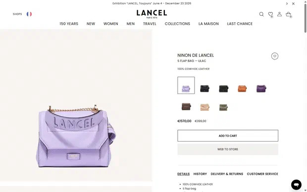 Lancel product page on desktop, Shopify luxury leather goods storefront captured at 1440 x 900
