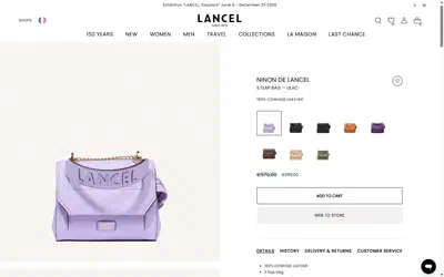 Lancel product page on desktop, Shopify luxury leather goods storefront captured at 1440 x 900