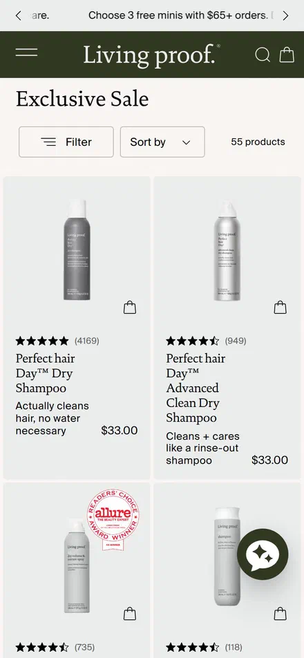 Living Proof collection: exclusive sale on mobile, Shopify luxury beauty storefront captured at 390 x 844
