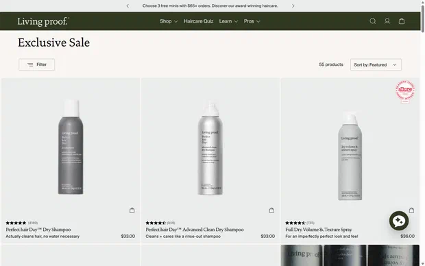 Living Proof collection: exclusive sale on desktop, Shopify luxury beauty storefront captured at 1440 x 900