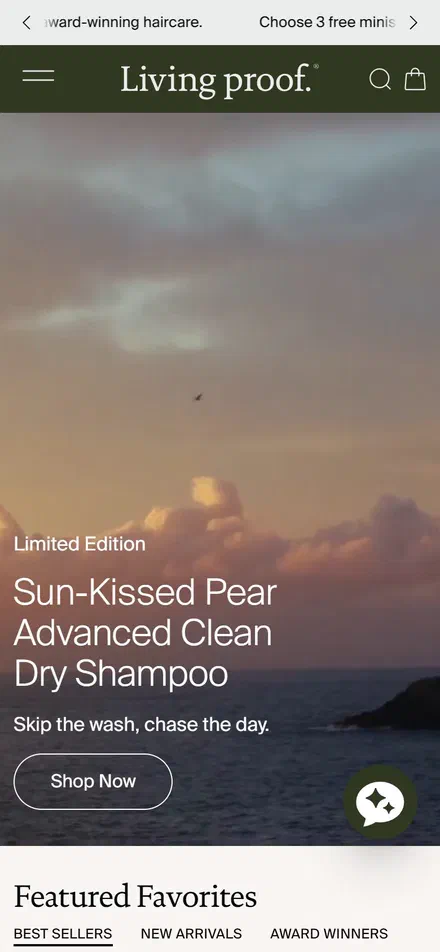 Living Proof homepage on mobile, Shopify luxury beauty storefront captured at 390 x 844