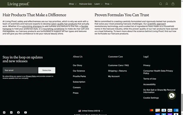 Living Proof homepage on desktop, Shopify luxury beauty storefront captured at 1440 x 900