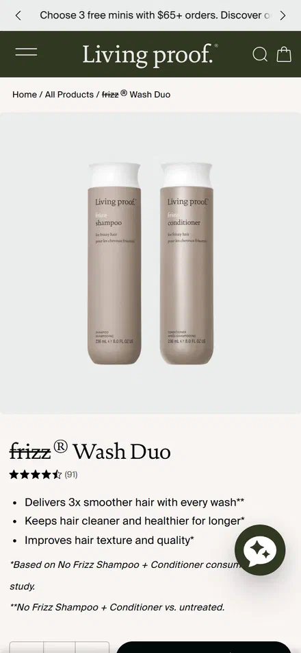 Living Proof product page on mobile, Shopify luxury beauty storefront captured at 390 x 844