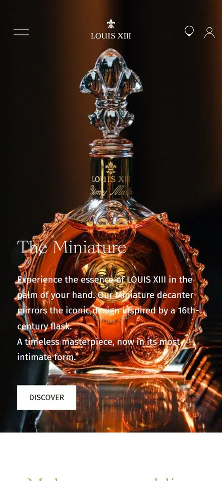 Louis XIII homepage on mobile, Shopify luxury drinks storefront captured at 390 x 844
