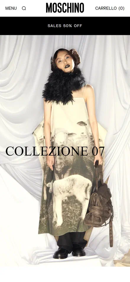 Moschino homepage on mobile, Shopify luxury fashion storefront captured at 390 x 844