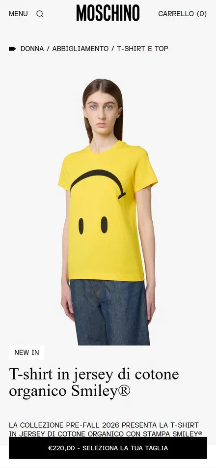 Moschino product page on mobile, Shopify luxury fashion storefront captured at 390 x 844
