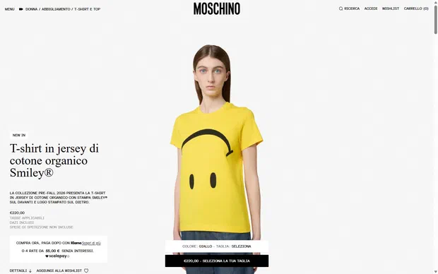 Moschino product page on desktop, Shopify luxury fashion storefront captured at 1440 x 900