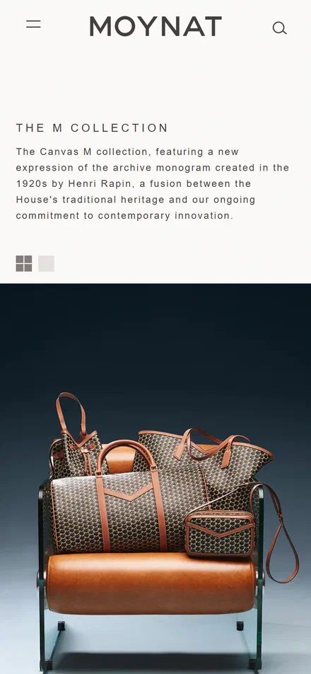Moynat collection: the m collection on mobile, not disclosed luxury leather goods storefront captured at 390 x 844