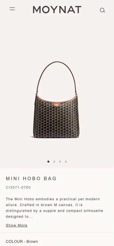 Moynat product page on mobile, not disclosed luxury leather goods storefront captured at 390 x 844