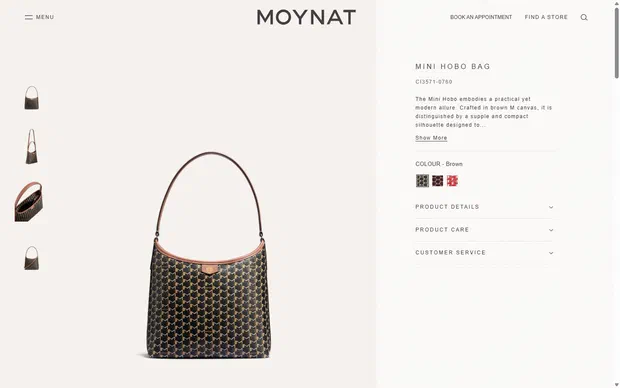 Moynat product page on desktop, not disclosed luxury leather goods storefront captured at 1440 x 900