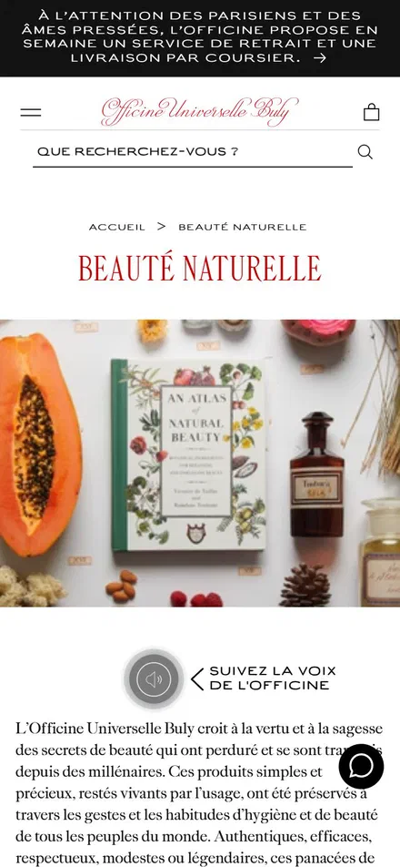 Officine Universelle Buly collection: beauté naturelle on mobile, not disclosed luxury beauty storefront captured at 390 x 844