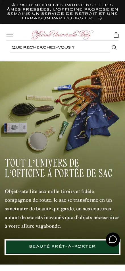 Officine Universelle Buly homepage on mobile, not disclosed luxury beauty storefront captured at 390 x 844