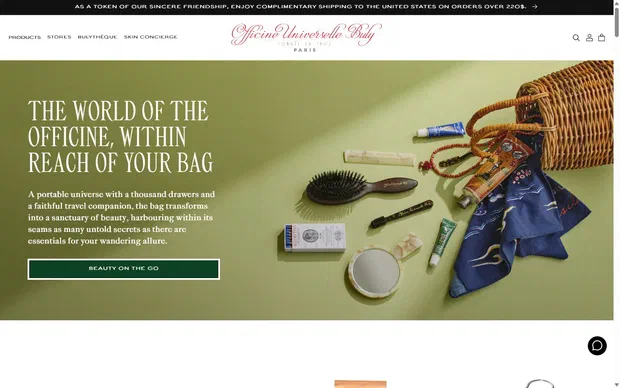 Officine Universelle Buly homepage on desktop, not disclosed luxury beauty storefront captured at 1440 x 900