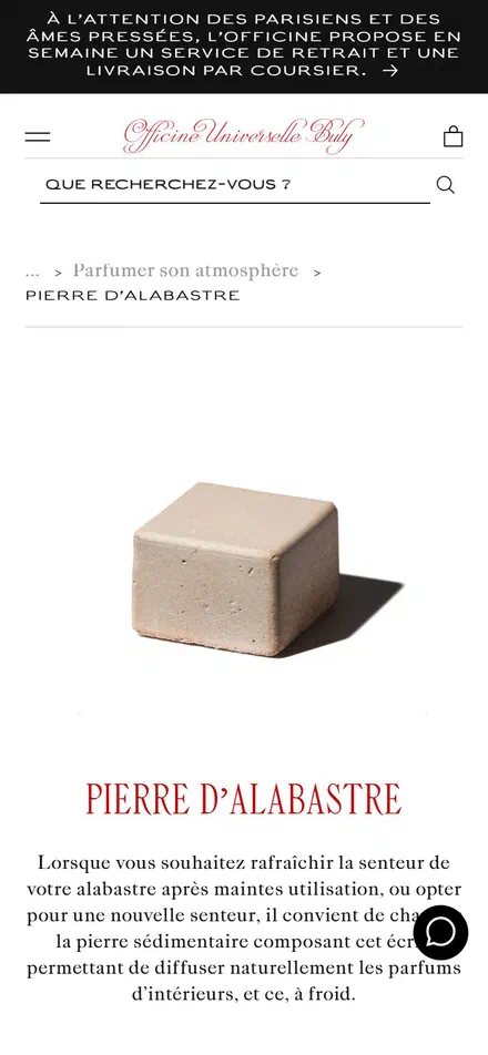 Officine Universelle Buly product page on mobile, not disclosed luxury beauty storefront captured at 390 x 844