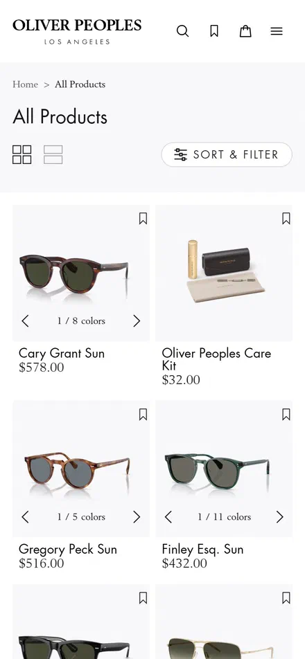 Oliver Peoples collection: all products on mobile, not disclosed luxury eyewear storefront captured at 390 x 844