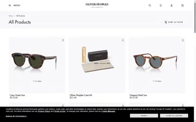Oliver Peoples collection: all products on desktop, not disclosed luxury eyewear storefront captured at 1440 x 900