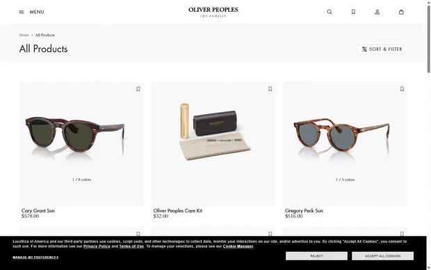 Oliver Peoples collection: all products on desktop, not disclosed luxury eyewear storefront captured at 1440 x 900