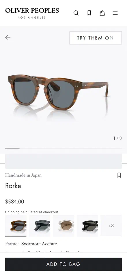 Oliver Peoples product page on mobile, not disclosed luxury eyewear storefront captured at 390 x 844