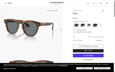 Oliver Peoples product page on desktop, not disclosed luxury eyewear storefront captured at 1440 x 900