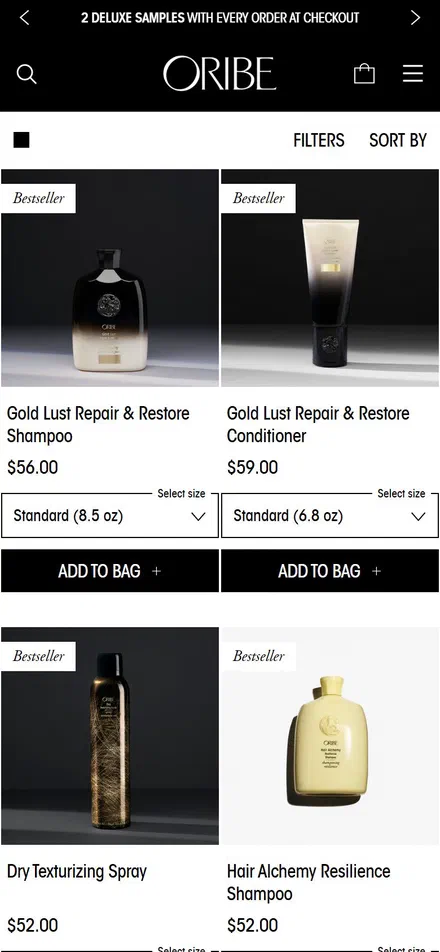 Oribe collection: all products excluding samples on mobile, Shopify luxury beauty storefront captured at 390 x 844