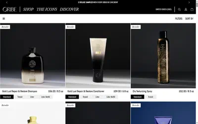 Oribe collection: all products excluding samples on desktop, Shopify luxury beauty storefront captured at 1440 x 900