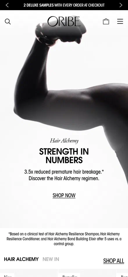 Oribe homepage on mobile, Shopify luxury beauty storefront captured at 390 x 844