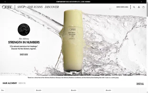 Oribe homepage on desktop, Shopify luxury beauty storefront captured at 1440 x 900