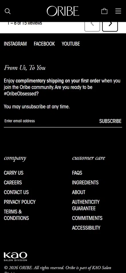 Oribe product page on mobile, Shopify luxury beauty storefront captured at 390 x 844